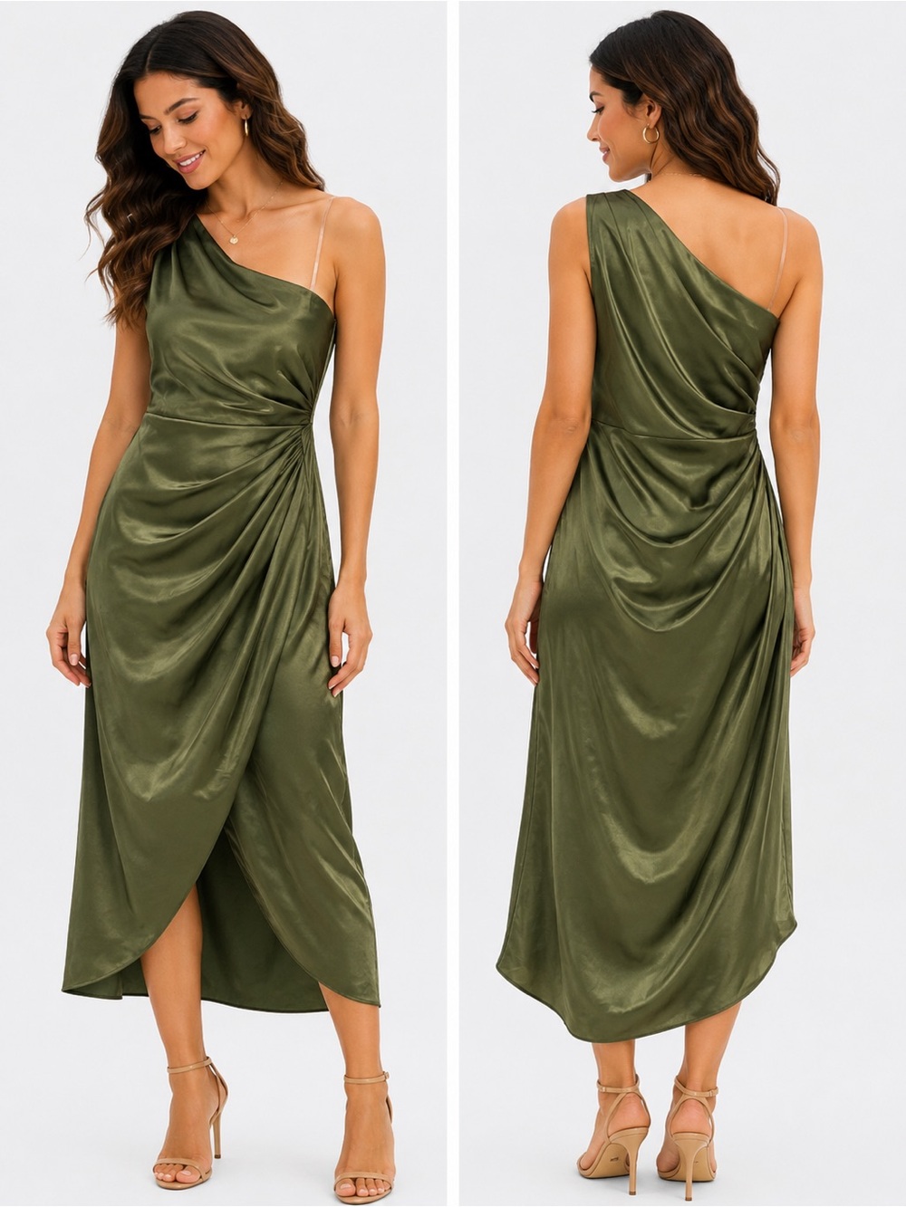 Elliatt Olive One-Shoulder Satin Midi Dress